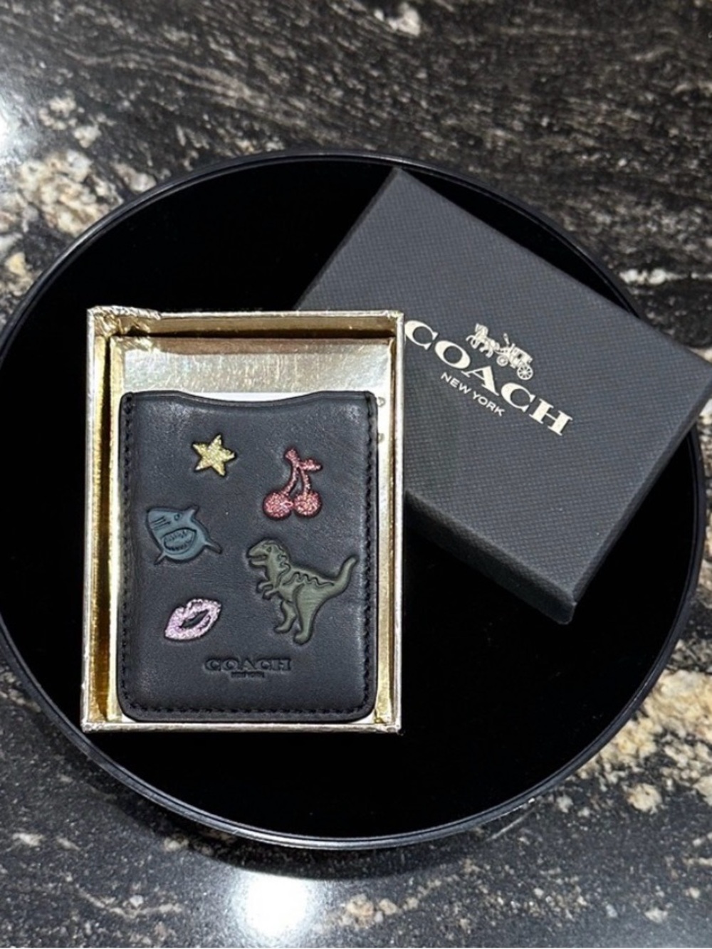 Coach Rexy Black Leather Card Case with Colorful Patch design *new - Picture 1 of 7